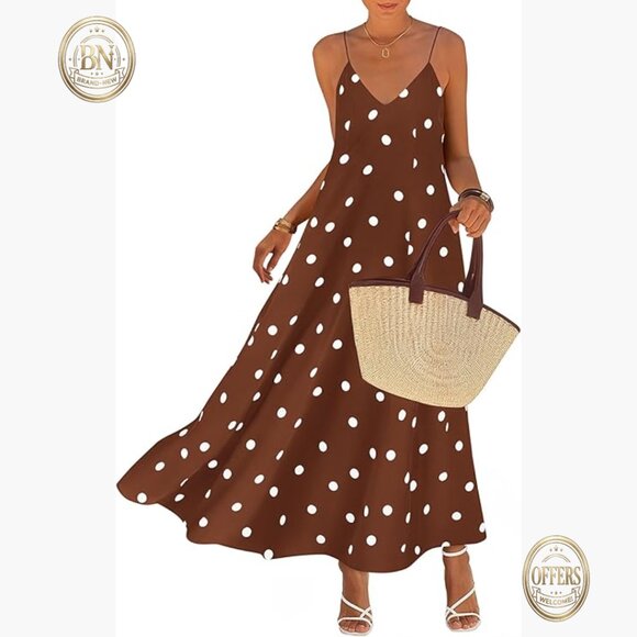 Dresses & Skirts - Polka Dot Maxi Dress with Adjustable Spaghetti Straps and Side Pockets